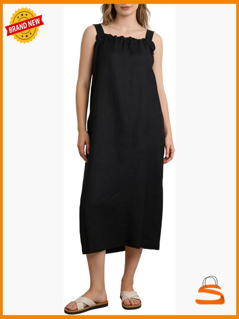 100% Linen Square Neck Sleeveless Tie Strap Midi Dress With Pockets